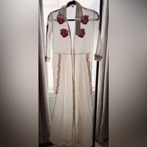 TAJ by SabrinWhite Sheer Button-Down Dress with Pink Ruffle Trim and embroidery